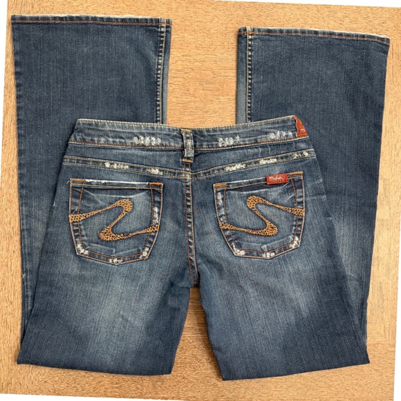 Silver Jeans Flare Leg Distressed Medium Wash Denim Jeans Size 30 Low Rise - Picture 3 of 10